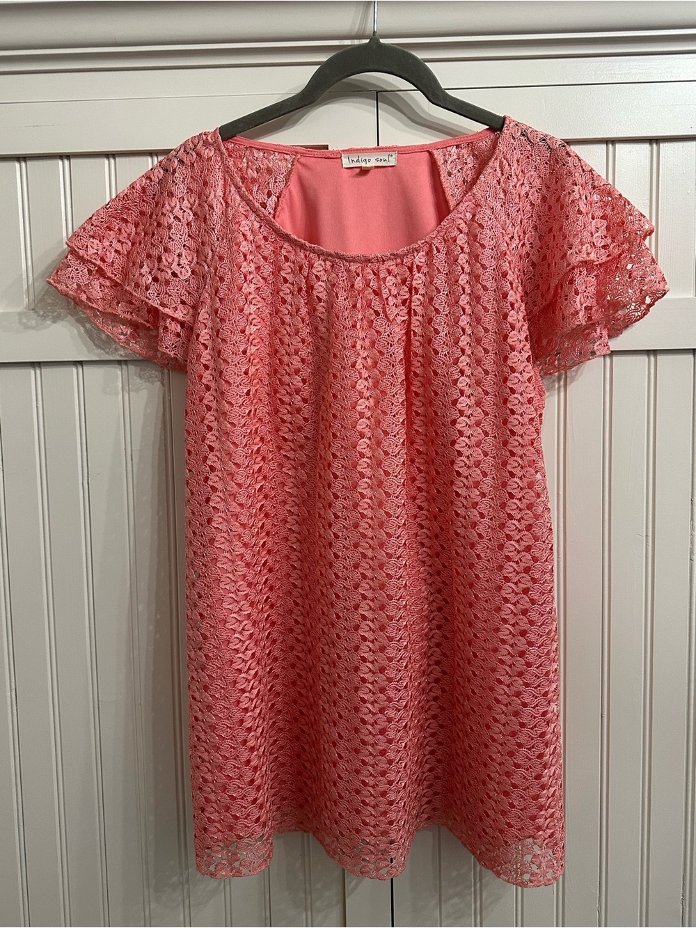 indigo soul Coral Lace Flutter-Sleeve Mini Dress